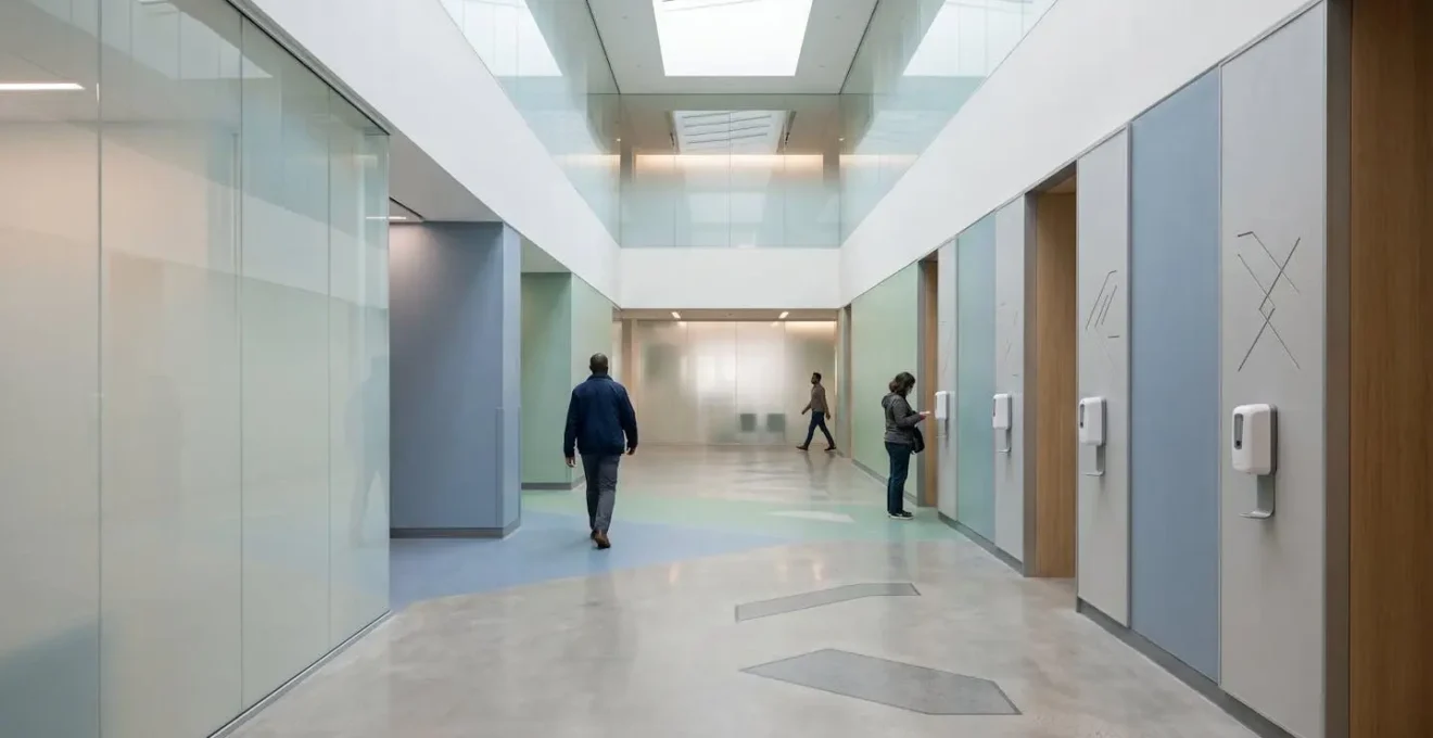 Wide minimalist view of a public health facility entrance designed with subtle behavioral cues, showcasing environmental nudge architecture promoting healthier choices through spatial design
