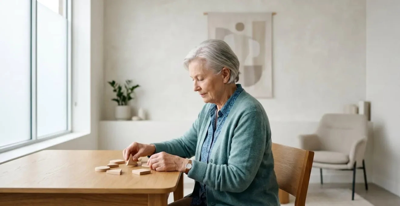 Calm elderly patient engaged in cognitive assessment activity in peaceful medical environment