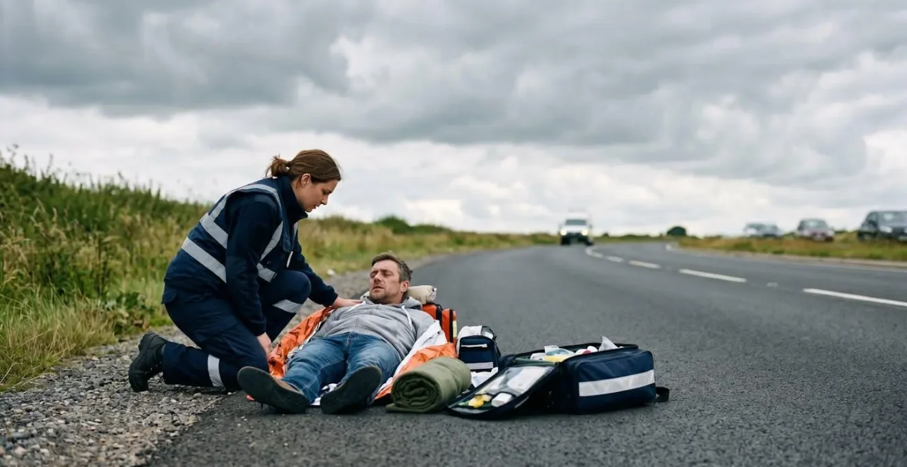 Wide environmental shot of emergency medical responder assessing crash victim in natural outdoor setting