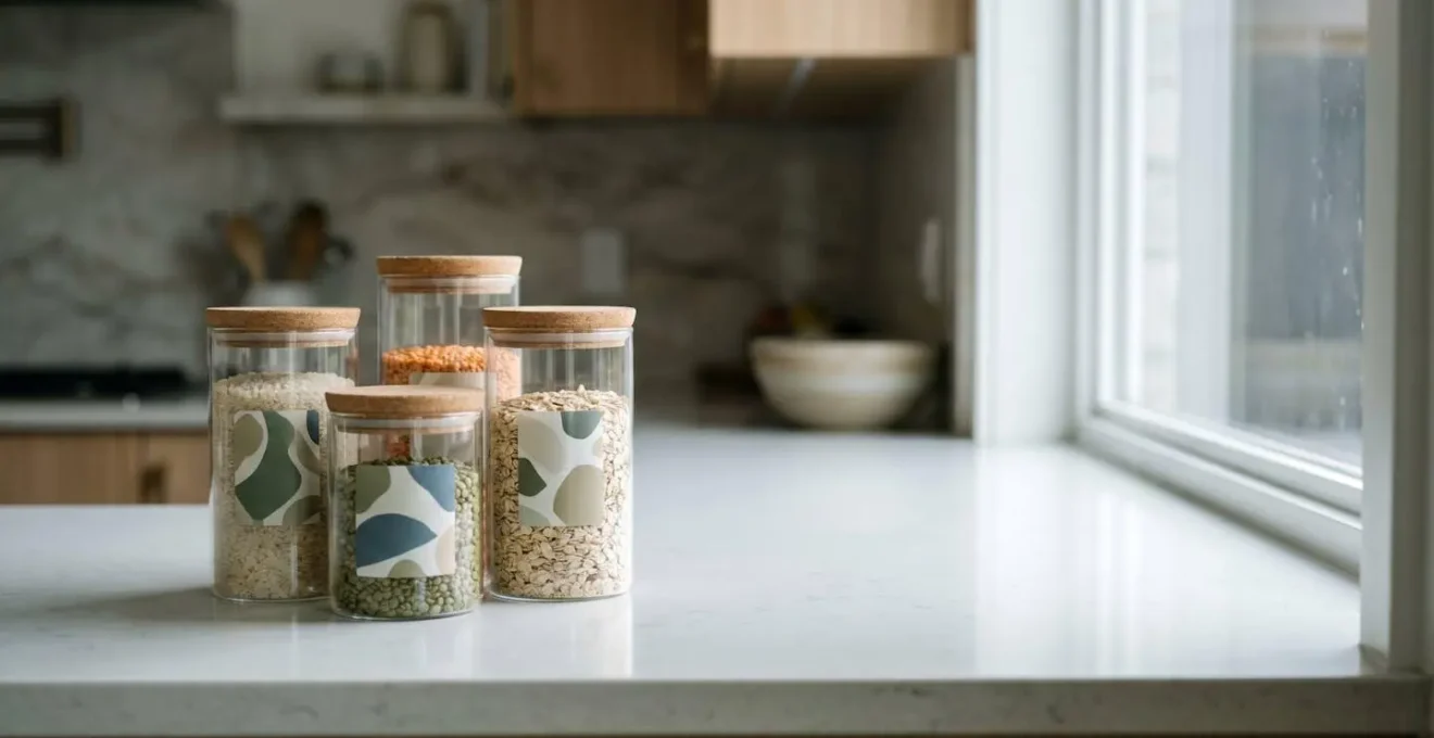 Glass food storage containers in natural kitchen setting emphasizing health-conscious material choices