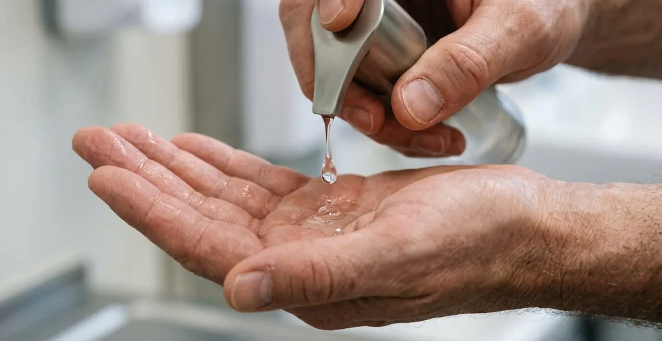 Close-up of hands using alcohol-based hand sanitizer demonstrating proper infection control technique