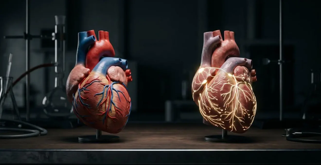 Medical anatomical visualization contrasting arterial blockage versus electrical conduction system in cardiac context