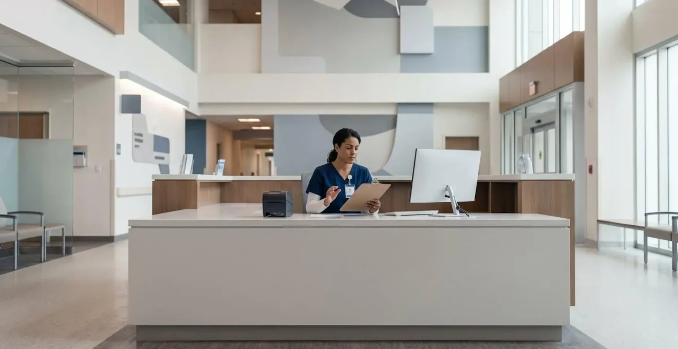 Hospital registration staff member carefully verifying patient identity documents at intake desk