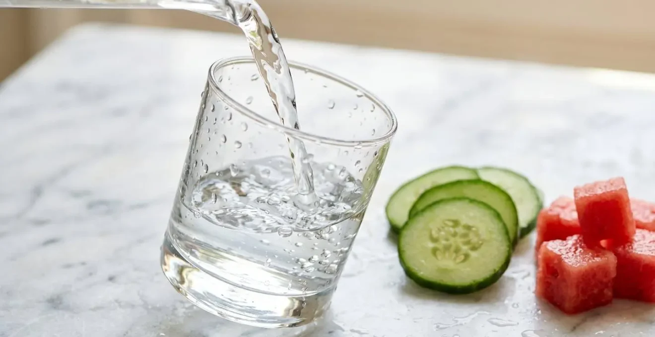 Close-up of water pouring into clear glass with fresh cucumber slices
