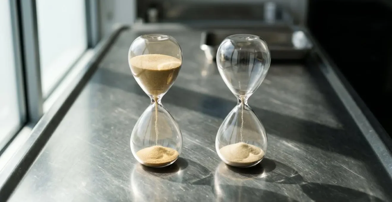 Visual metaphor representing reduced cold ischemia time in living donor transplantation with two hourglasses.