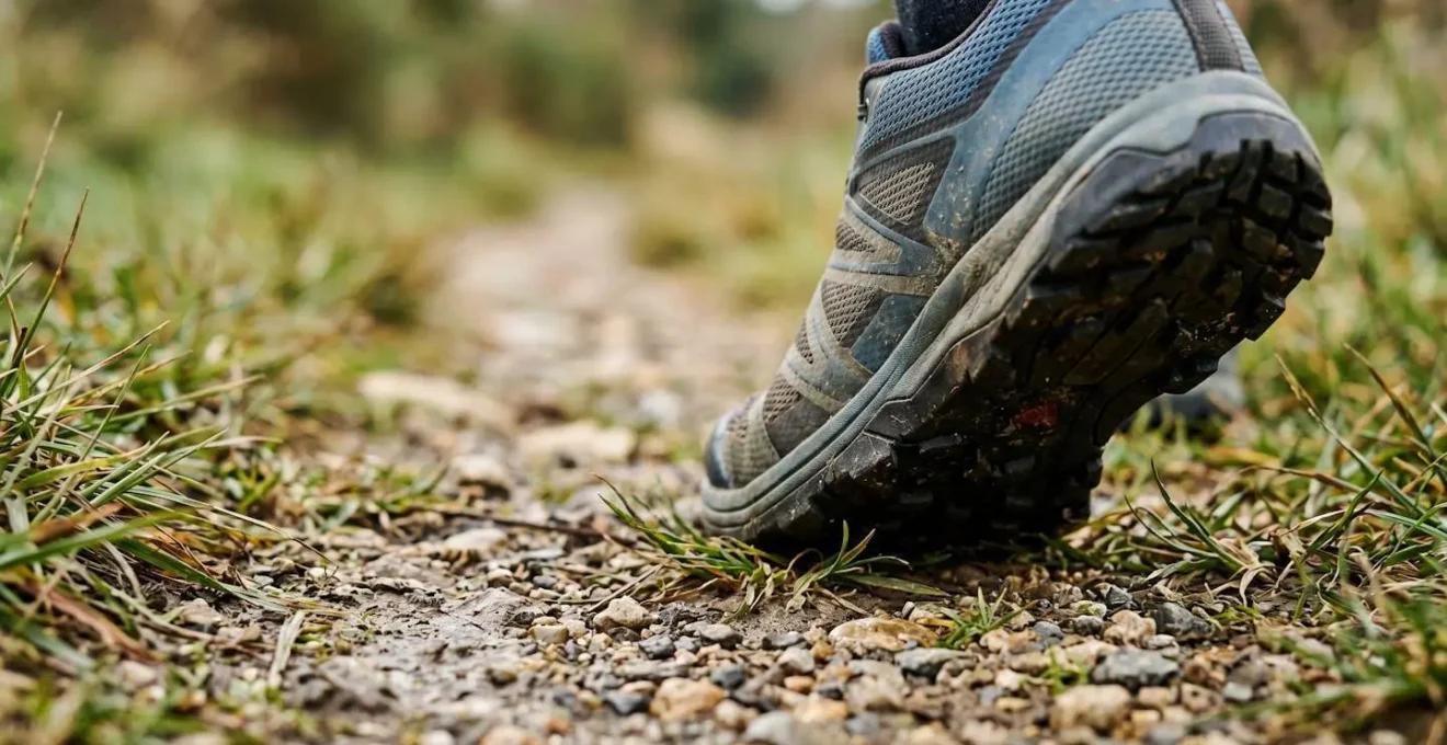 Close-up view of athletic shoes on natural outdoor terrain representing low-impact aerobic exercise for joint preservation