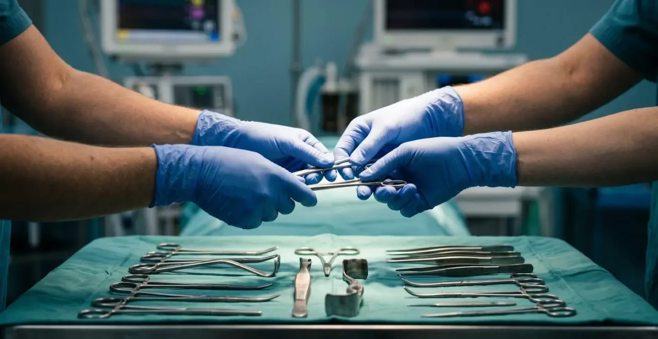 Surgical team engaged in professional discussion in operating room setting