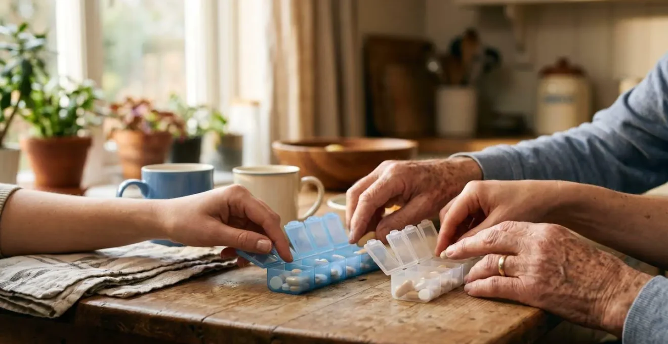 Two hands collaboratively organizing medication in a supportive partnership setting with warm natural light