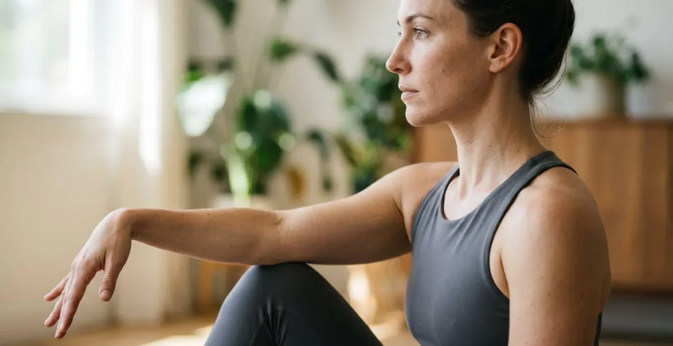 Side profile of person performing gentle nerve mobilization exercise with controlled arm and neck positioning