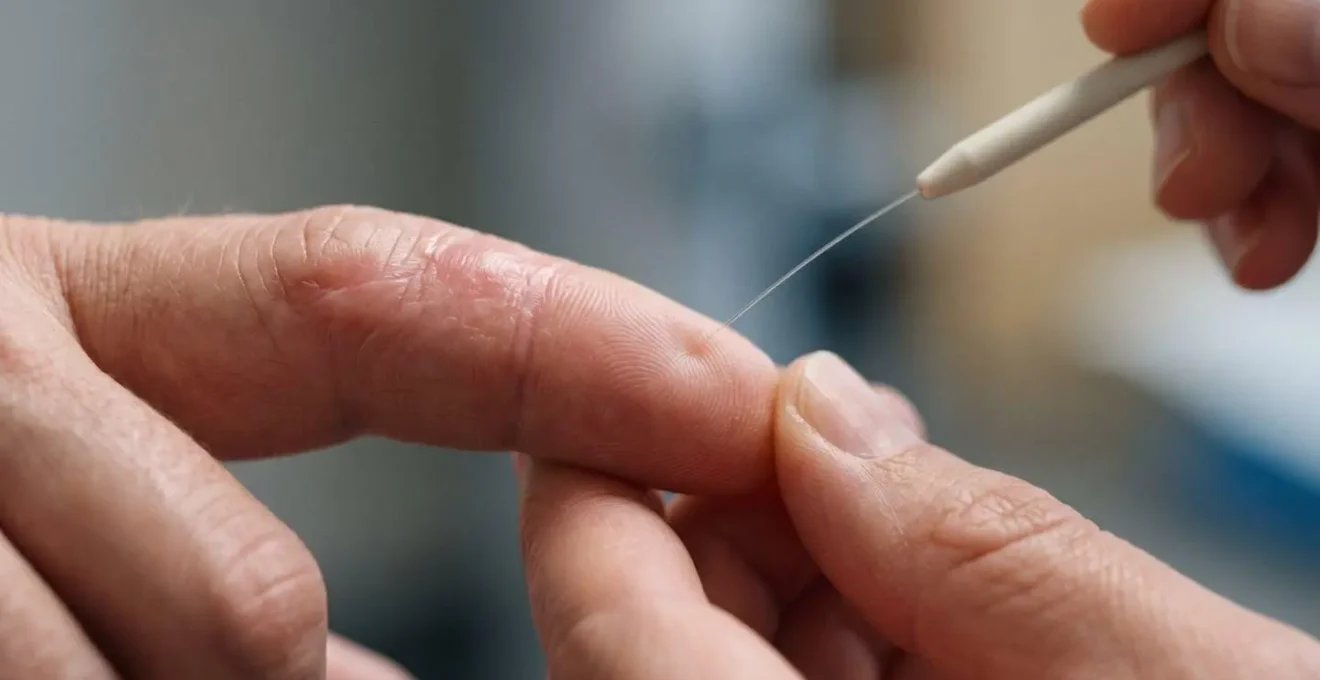 Macro close-up of medical sensory testing on healing finger with precise tactile examination