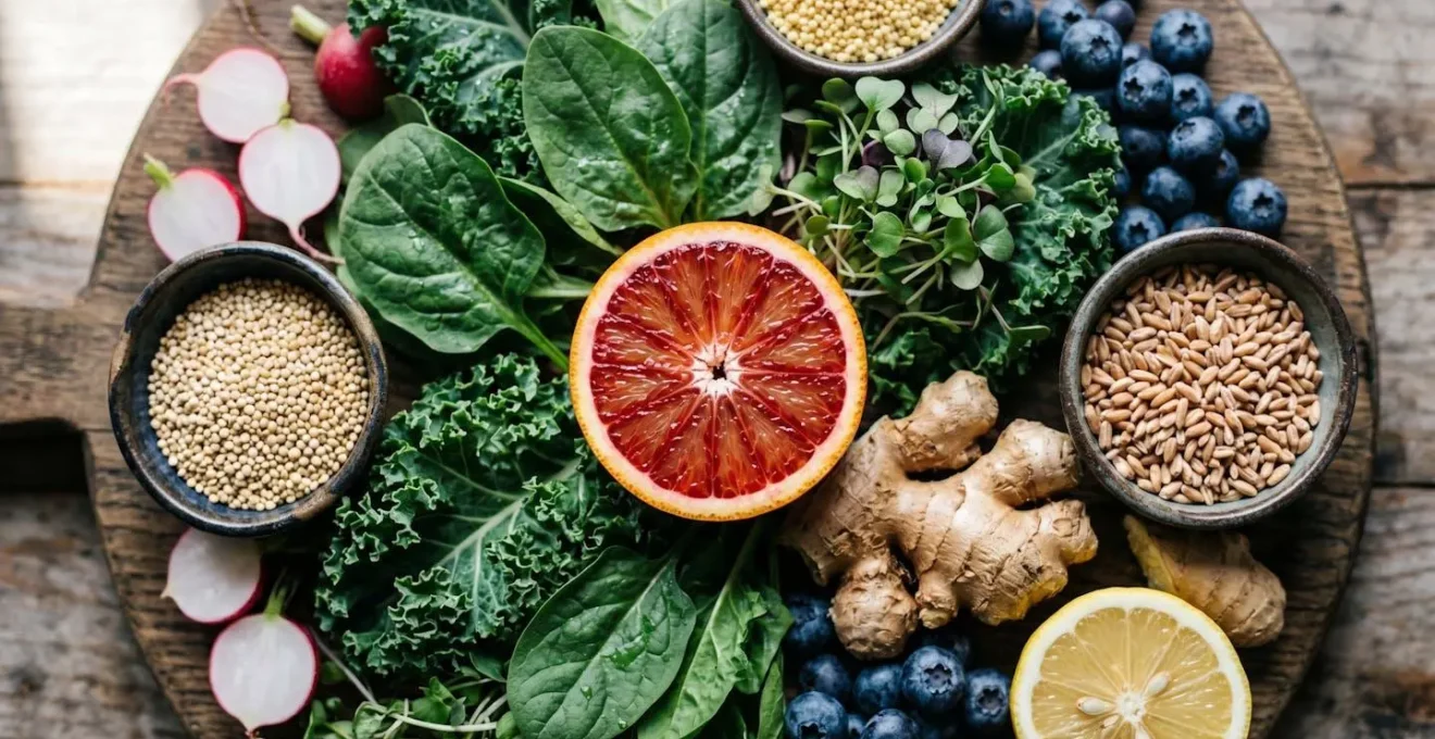 Close-up of fresh whole food ingredients arranged for therapeutic nutrition planning