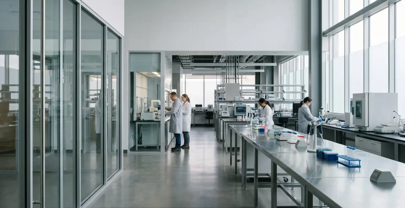 Wide environmental shot of modern public health monitoring infrastructure in clean minimalist setting
