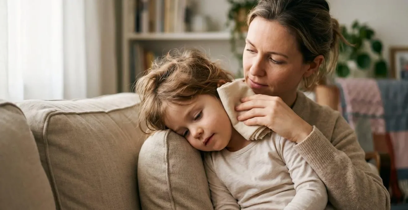 Parent gently comforting young child experiencing ear discomfort