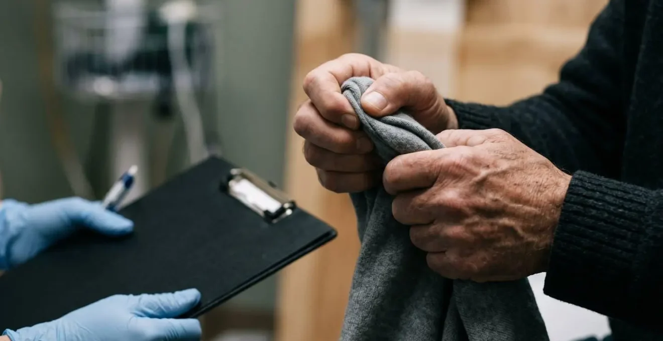 Close-up of patient's expressive hand gestures while communicating pain symptoms to medical professional