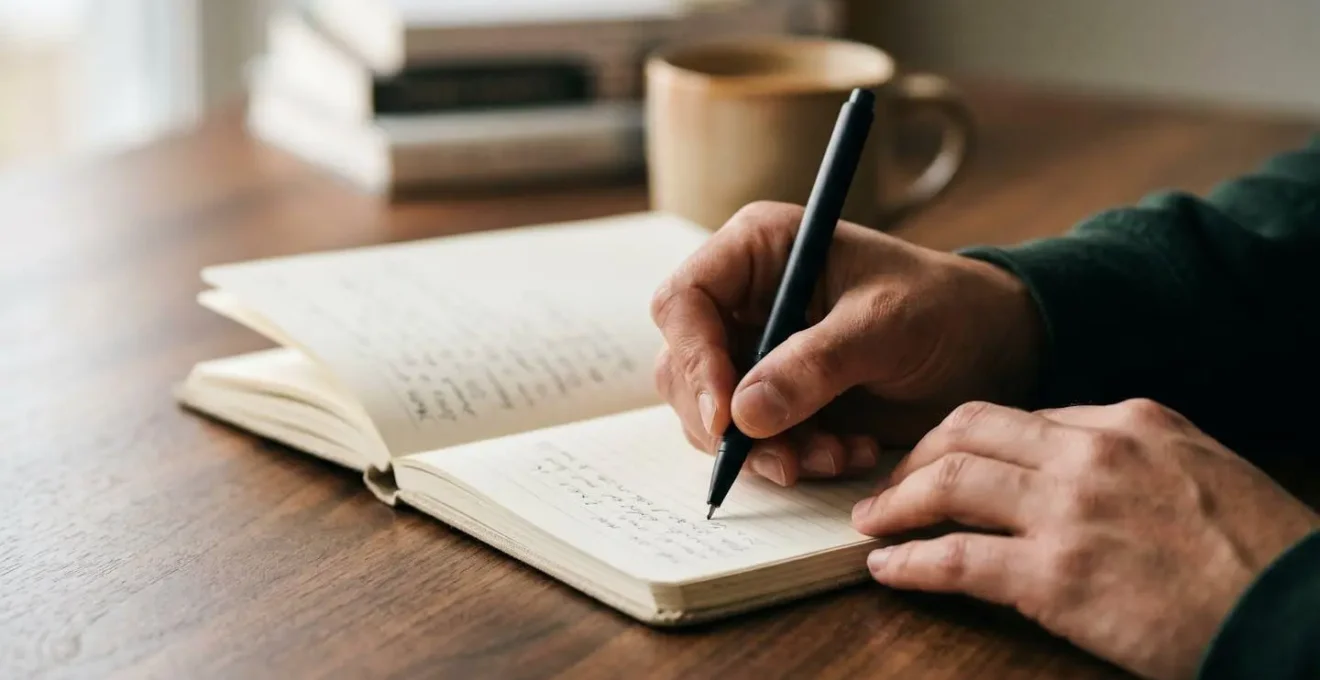Close-up photograph showing hands writing structured health notes in a clean notebook symbolizing patient preparation for medical consultation