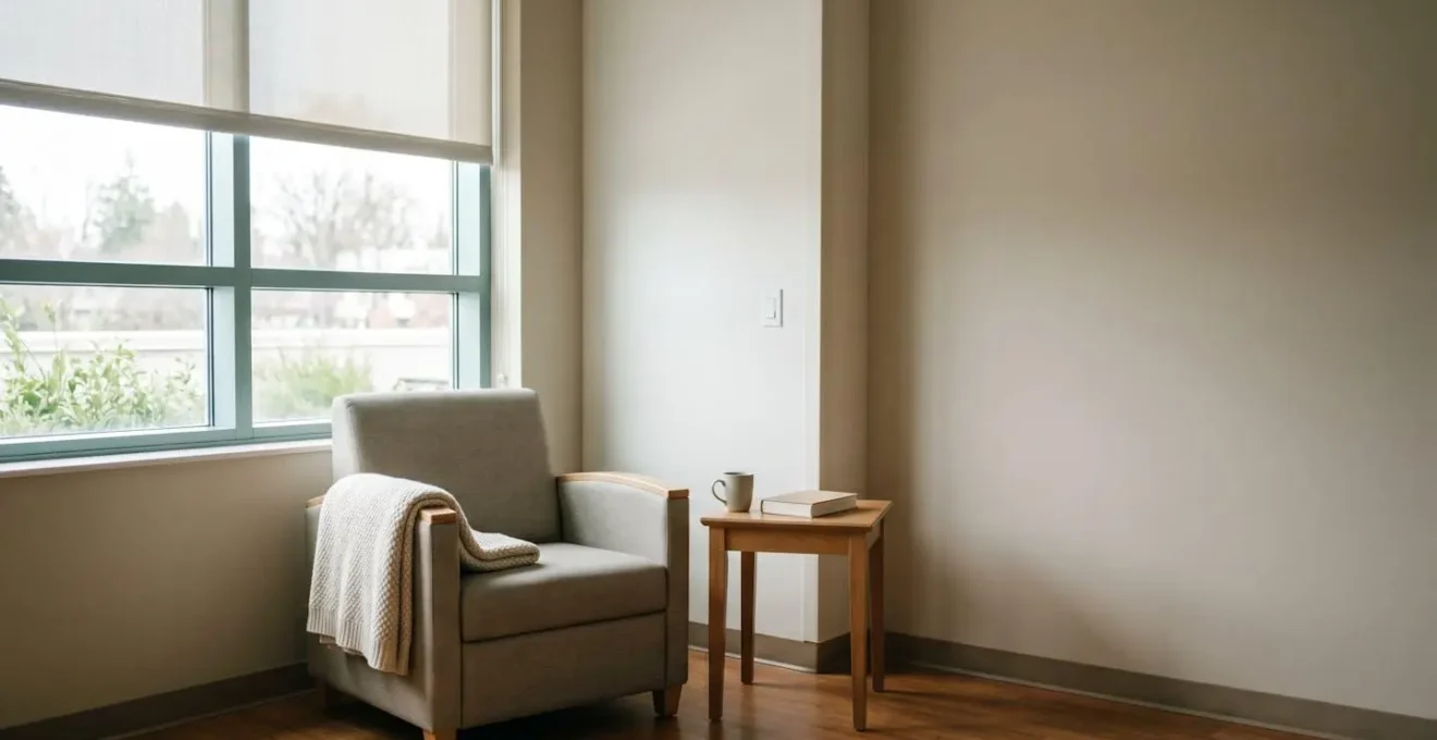 Wide environmental shot of serene healthcare space with soft natural lighting emphasizing dignity and comfort