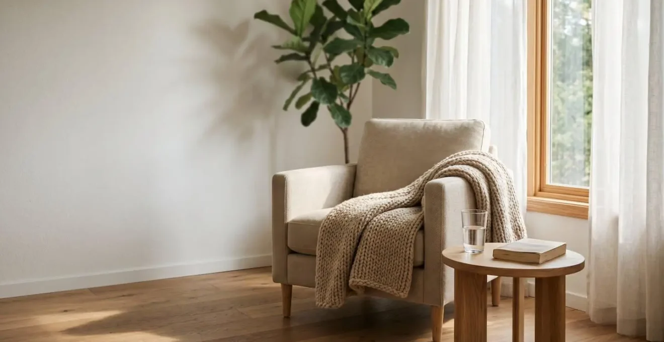 Peaceful home environment showing person resting comfortably after vaccination with natural light