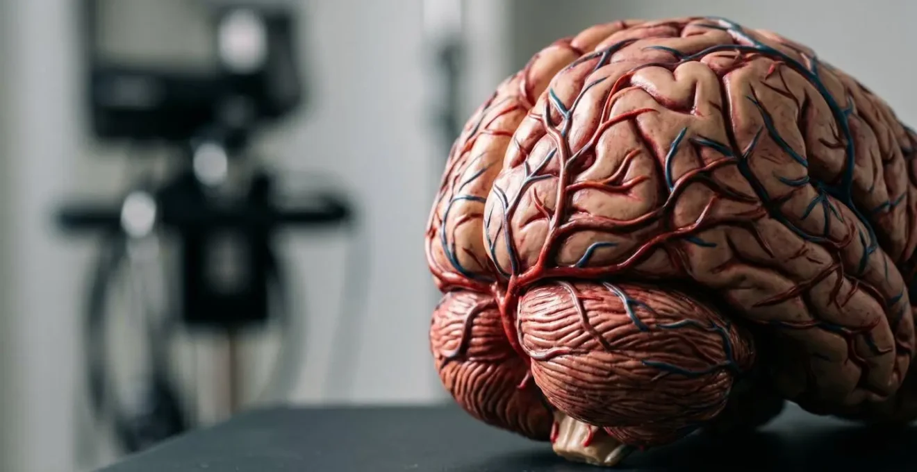 Close-up anatomical detail showing the posterior cerebral artery region with emphasis on cerebellum and occipital structures
