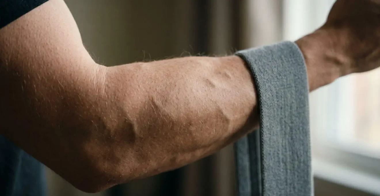 Close-up detail of exercise resistance band and engaged muscle showing pre-surgical conditioning