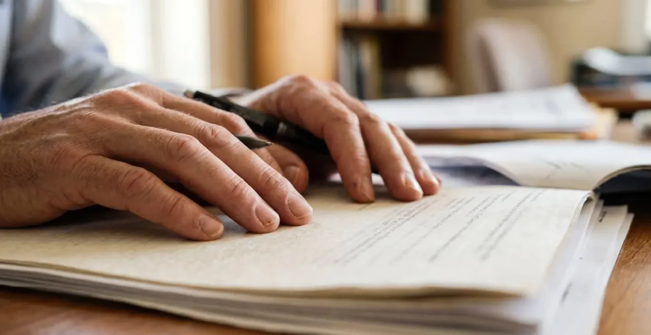 Close-up of hands reviewing medical documentation with professional care