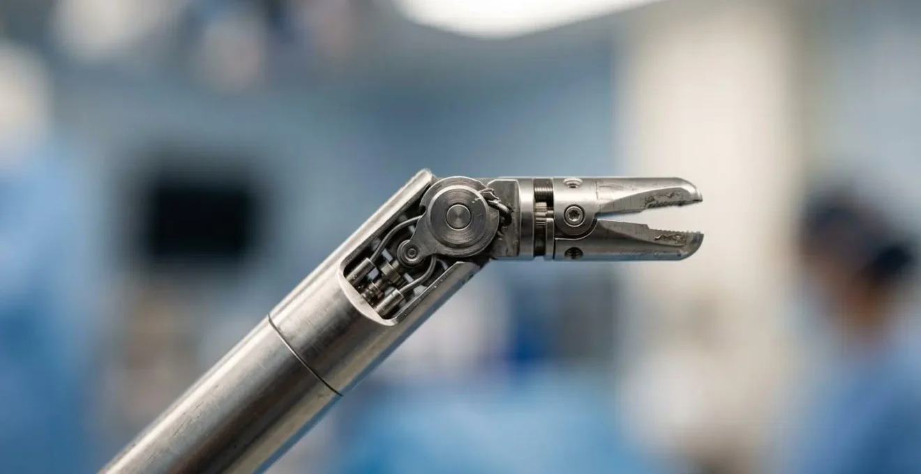 Extreme close-up of robotic surgical instrument demonstrating ultra-precise articulation and motion control