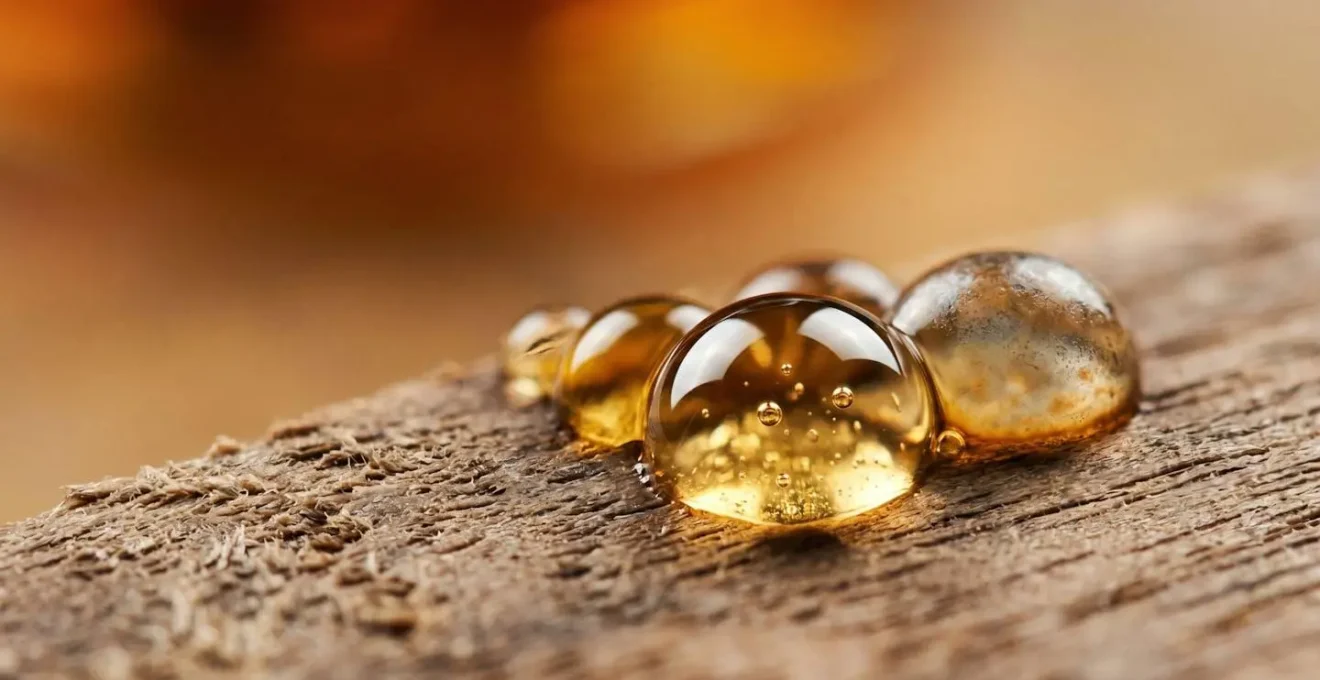 Extreme macro photography of oxidized oil droplets on organic surface revealing textural detail and oxidation patterns