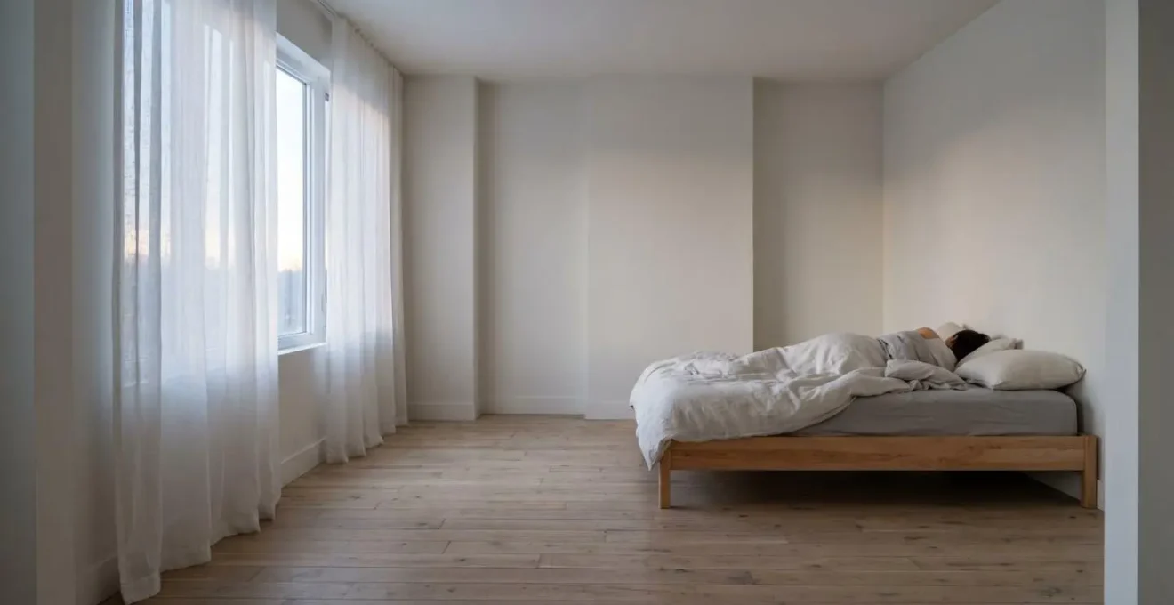 Peaceful sleep environment emphasizing restorative rest and physical recovery through minimalist bedroom setting