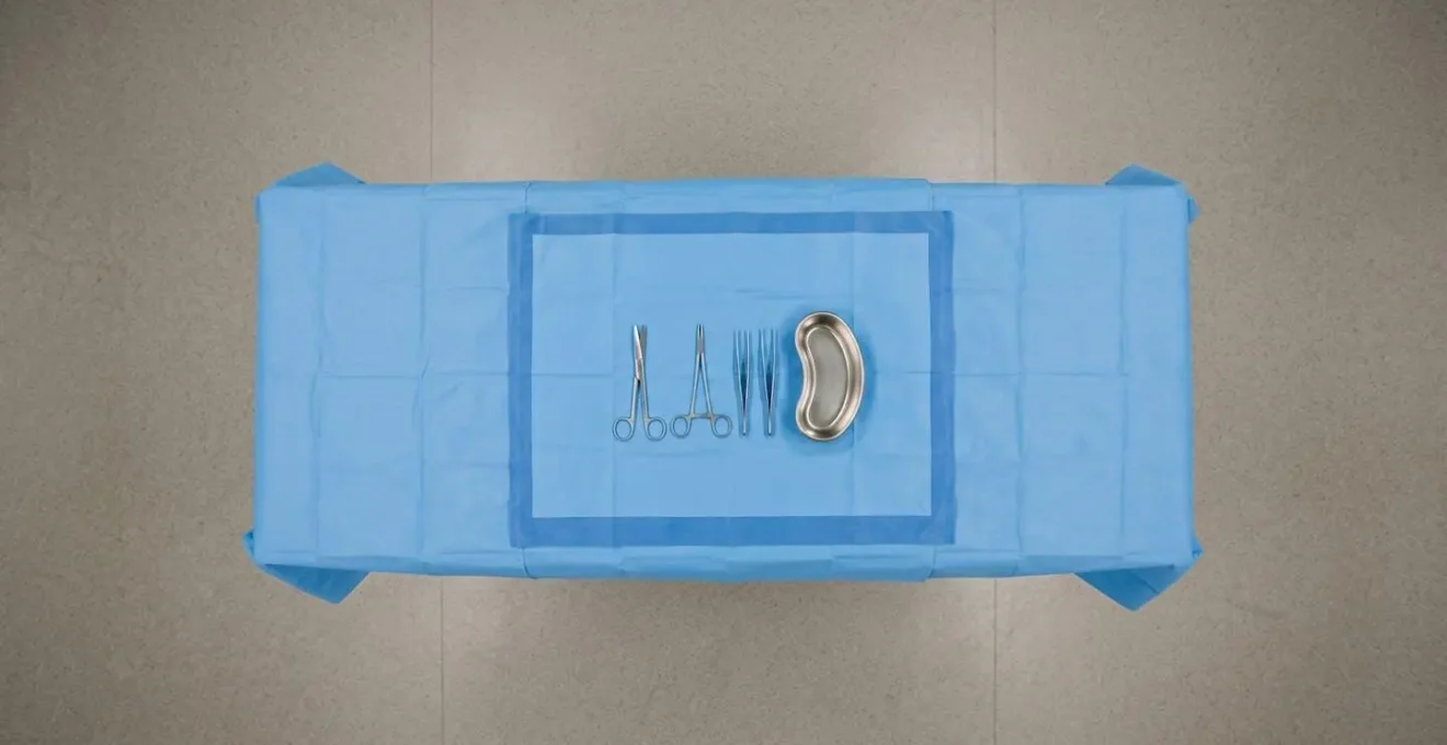 Overhead view of a sterile medical drape establishing a clean field boundary on a procedure table, showing the protected zone concept