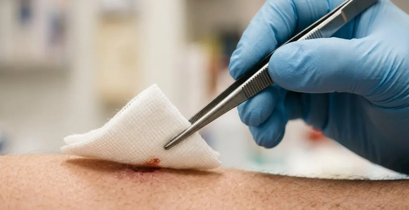 Macro close-up of sterile gloved hands using forceps to handle a fresh wound dressing, demonstrating no-touch technique