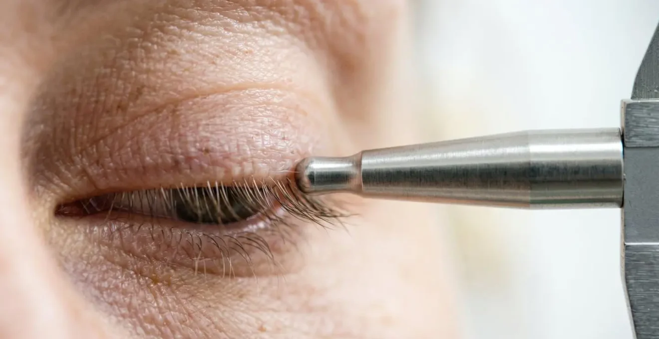 Close-up macro photograph showing the precise measurement process that determines medical necessity for eyelid surgery