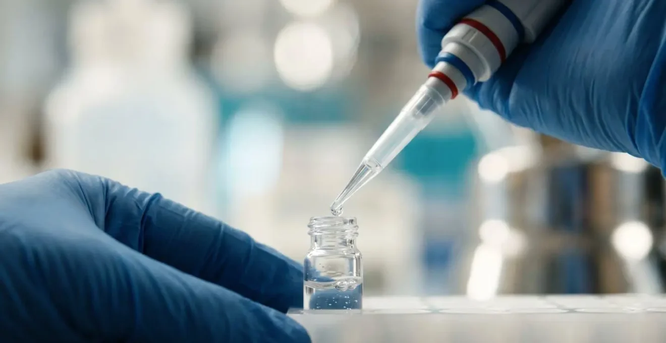 Macro close-up of wastewater sample collection process in specialized laboratory environment, emphasizing precision monitoring technology for early disease detection