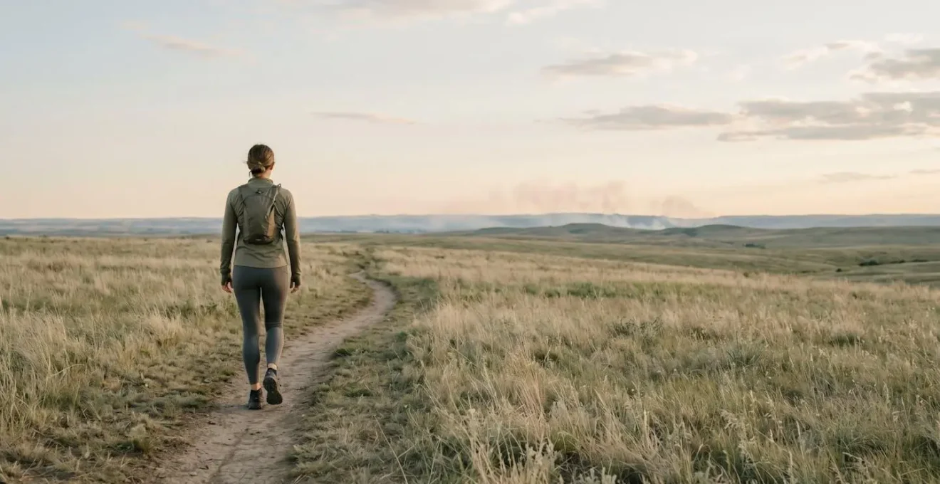 Wide environmental shot of solitary figure in natural setting suggesting low-intensity endurance activity