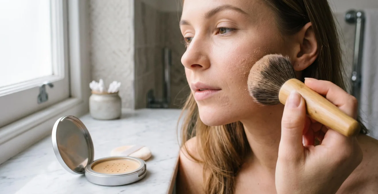 Close-up of a kabuki brush applying translucent SPF powder over foundation on a cheekbone