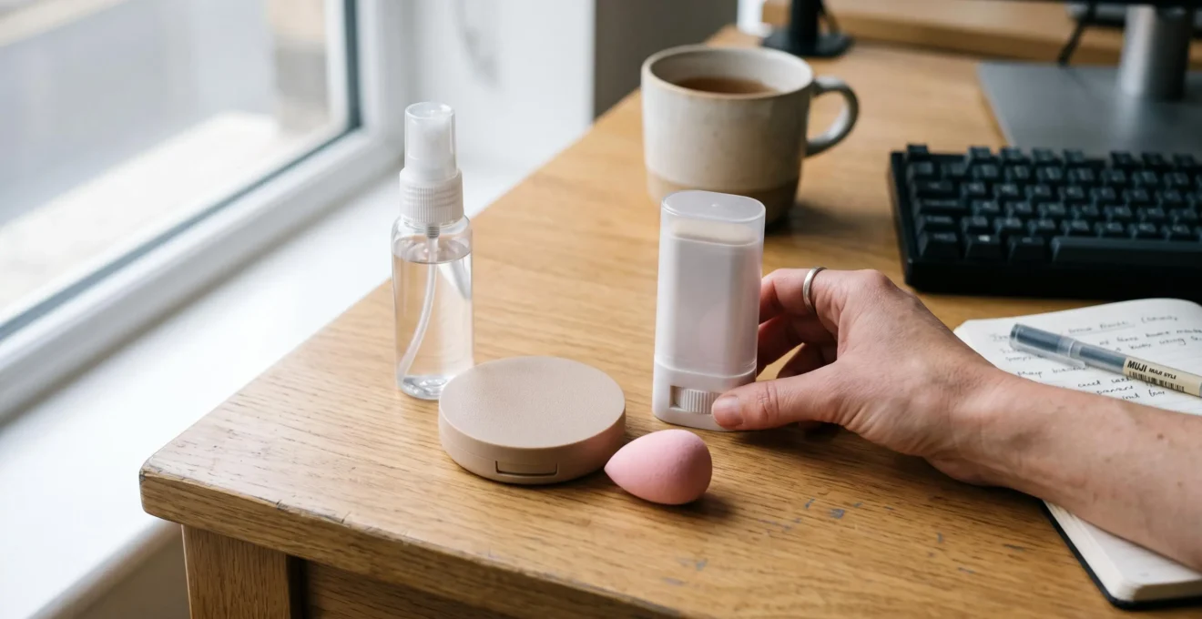 Portable SPF reapplication kit with spray, powder compact, stick and blending tool arranged on office desk