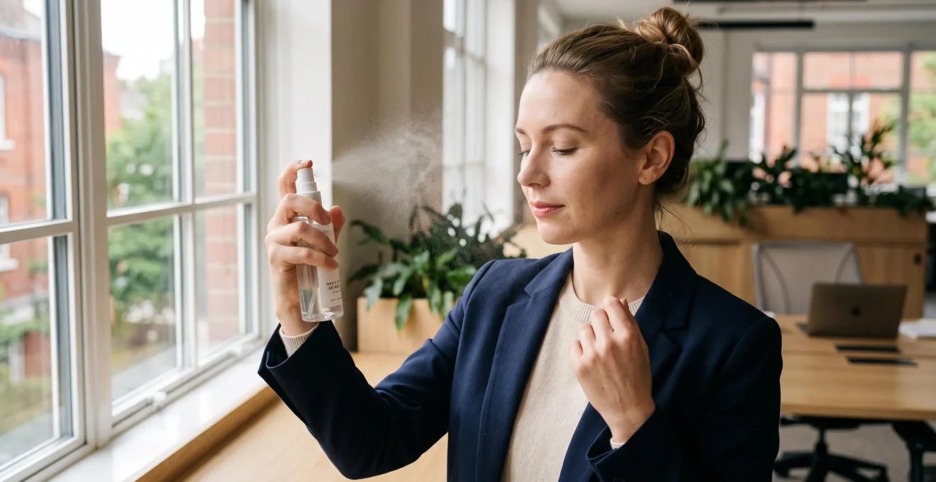 Professional woman applying invisible SPF spray mist over her foundation makeup near an office window