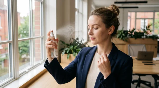 Professional woman applying invisible SPF spray mist over her foundation makeup near an office window