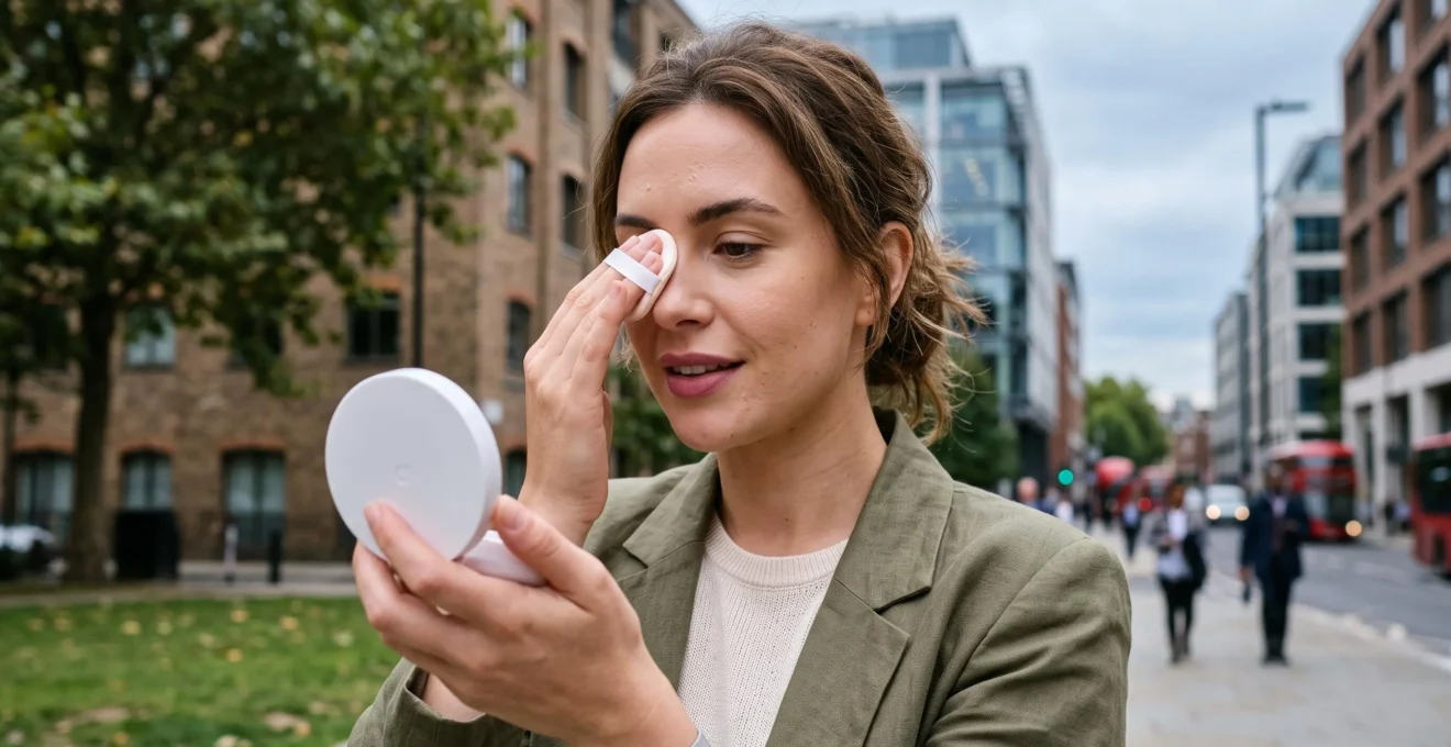 Young woman using a cushion puff to pat SPF protection over her makeup outdoors during lunch break