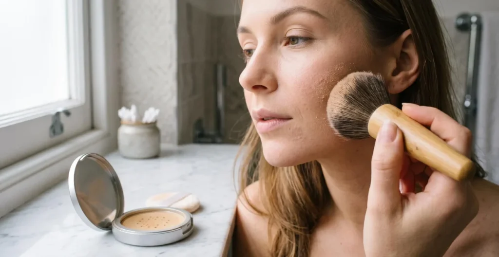 Close-up of a kabuki brush applying translucent SPF powder over foundation on a cheekbone