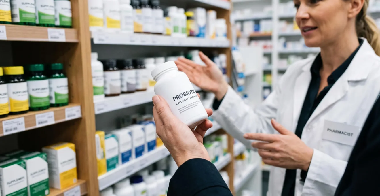 A customer examines a probiotic bottle while a pharmacist advises her in a pharmacy aisle.