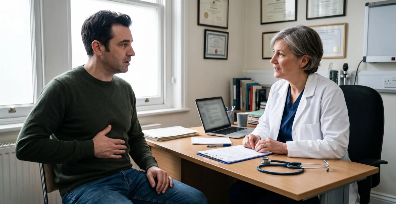 A doctor listens to a patient describing stomach pain during a consultation.