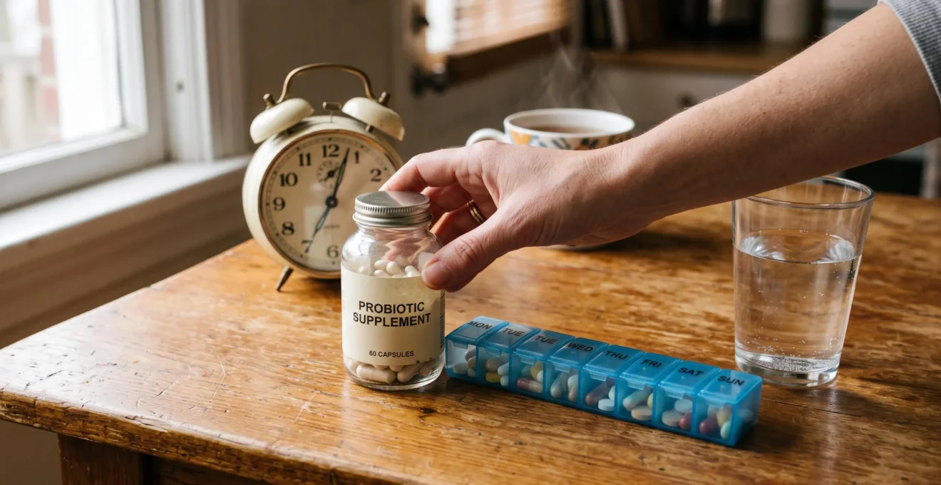 A hand places a probiotic bottle beside a weekly pill organizer and a glass of water.