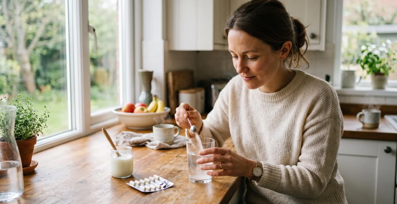 A woman pours a probiotic powder dose into a glass of water in her kitchen.