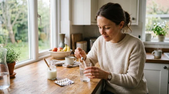 A woman pours a probiotic powder dose into a glass of water in her kitchen.